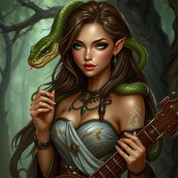 A female bard with light brown skin and green eyes