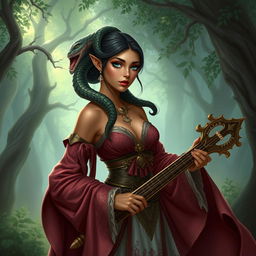 A female bard with light brown skin and green eyes