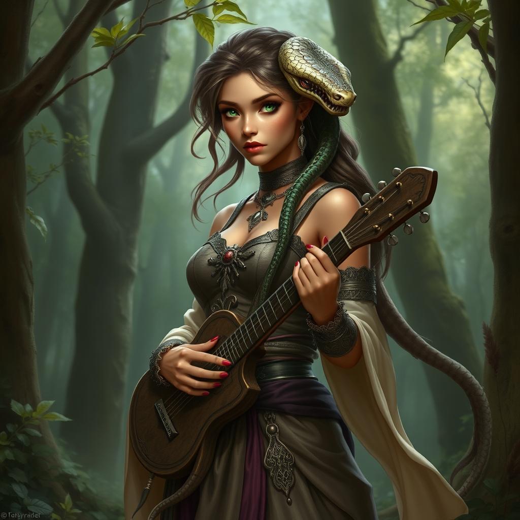 A female bard with light brown skin and green eyes