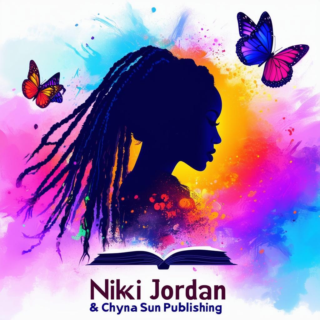 A vibrant and colorful logo for a book cover featuring a silhouette of a woman with dreadlocks, butterflies, a book, and the names 'Nikki Jordan' and 'Chyna Sun Publishing'