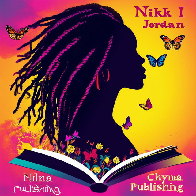 A vibrant and colorful logo for a book cover featuring a silhouette of a woman with dreadlocks, butterflies, a book, and the names 'Nikki Jordan' and 'Chyna Sun Publishing'