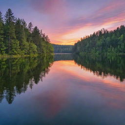 A serene sunset over a tranquil forest lake, the colors of the sky and the rippling water perfectly harmonizing with each other, creating a mesmerizing scene.