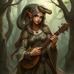 A female bard from a snake-like race with light brown skin and green eyes