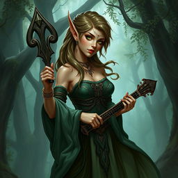 A female bard from a snake-like race with light brown skin and green eyes