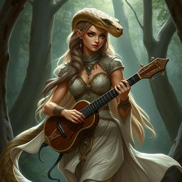 A female bard from a snake-like race with light brown skin and green eyes