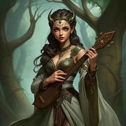 A female bard from a snake-like race with light brown skin and green eyes