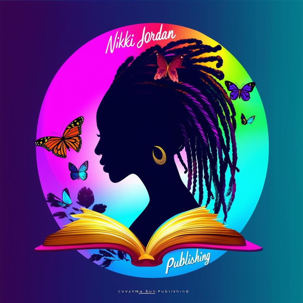 A vibrant and colorful logo for a book cover featuring a silhouette of a woman with dreadlocks, butterflies, a book, and the names 'Nikki Jordan' and 'Chyna Sun Publishing'