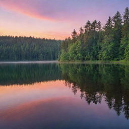 A serene sunset over a tranquil forest lake, the colors of the sky and the rippling water perfectly harmonizing with each other, creating a mesmerizing scene.