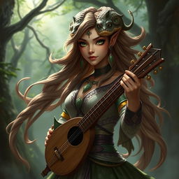 A female bard of the Yuan-ti race with light brown skin and green eyes