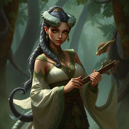 A female bard of the Yuan-ti race with light brown skin and green eyes