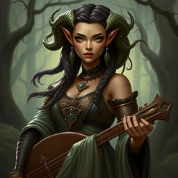 A female bard of the Yuan-ti race with light brown skin and green eyes