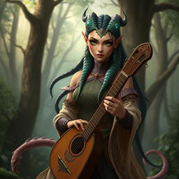 A female bard of the Yuan-ti race with light brown skin and green eyes