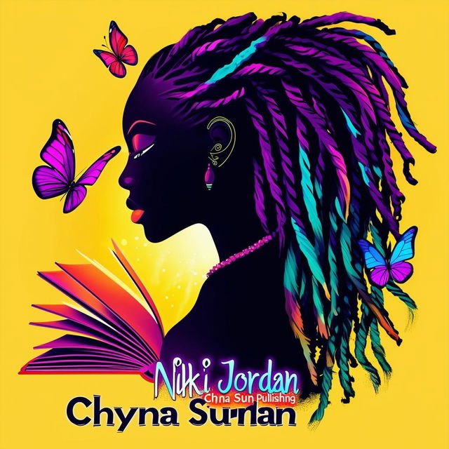 A vibrant and colorful logo for a book cover featuring a silhouette of a woman with dreadlocks, butterflies, a book, and the names 'Nikki Jordan' and 'Chyna Sun Publishing'