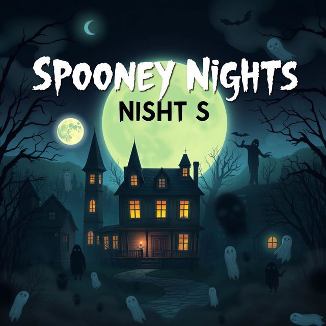 A spooky scene featuring five terrifying nights, with eerie moonlight, haunted houses, and ghostly figures