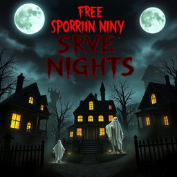 A spooky scene featuring five terrifying nights, with eerie moonlight, haunted houses, and ghostly figures