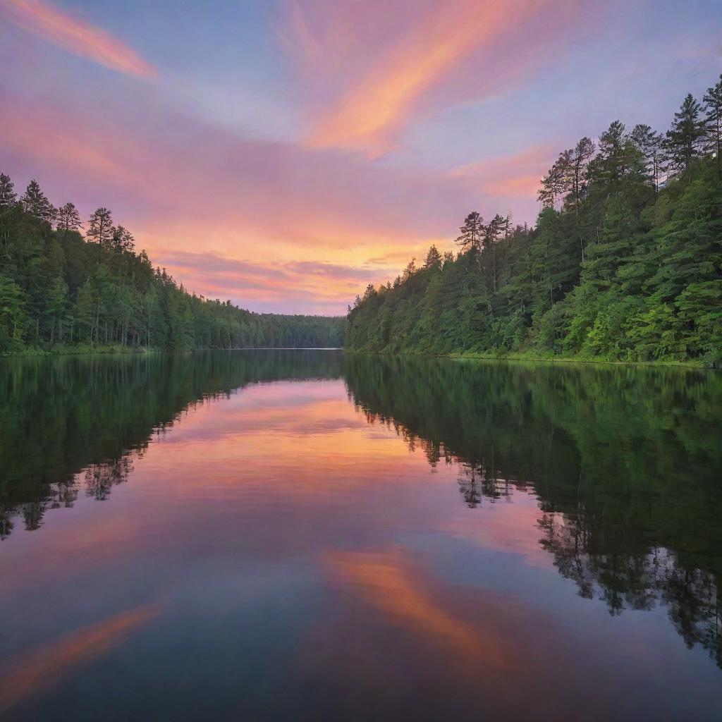 A serene sunset over a tranquil forest lake, the colors of the sky and the rippling water perfectly harmonizing with each other, creating a mesmerizing scene.