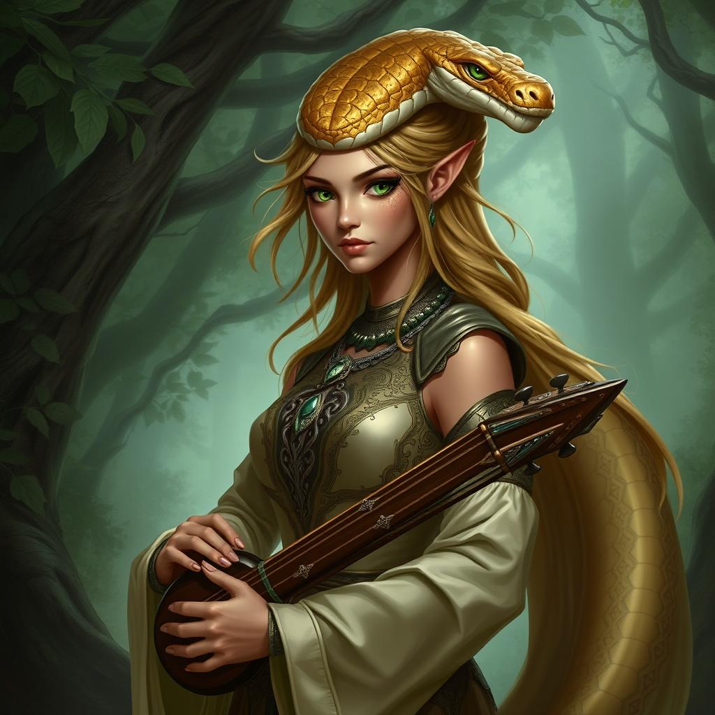 A female bard with snake-like features, light brown skin, and green eyes