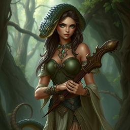 A female bard with snake-like features, light brown skin, and green eyes