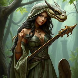 A female bard with snake-like features, light brown skin, and green eyes