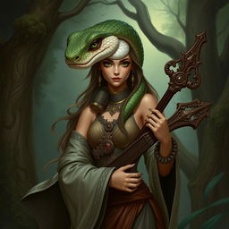 A female bard with snake-like features, light brown skin, and green eyes