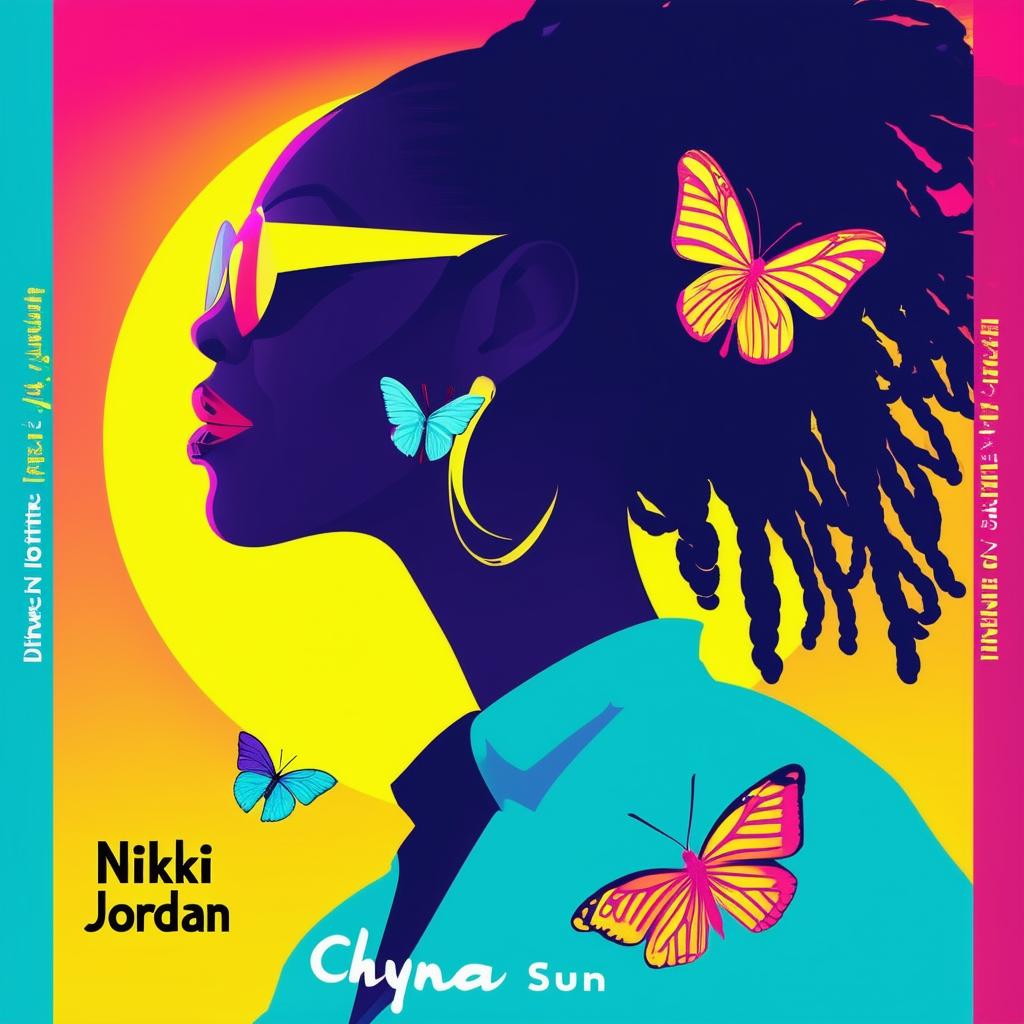 A vibrant and colorful logo for a book cover featuring a silhouette of a woman with dreadlocks, butterflies, a book, and the names 'Nikki Jordan' and 'Chyna Sun Publishing'