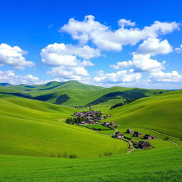 A serene landscape featuring rolling green hills under a clear blue sky with fluffy white clouds