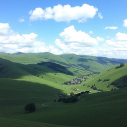 A serene landscape featuring rolling green hills under a clear blue sky with fluffy white clouds