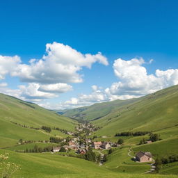 A serene landscape featuring rolling green hills under a clear blue sky with fluffy white clouds