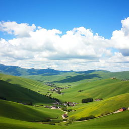 A serene landscape featuring rolling green hills under a clear blue sky with fluffy white clouds