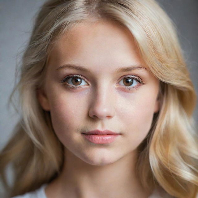 A portrait of a beautiful, blonde-haired girl with sparkling brown eyes.