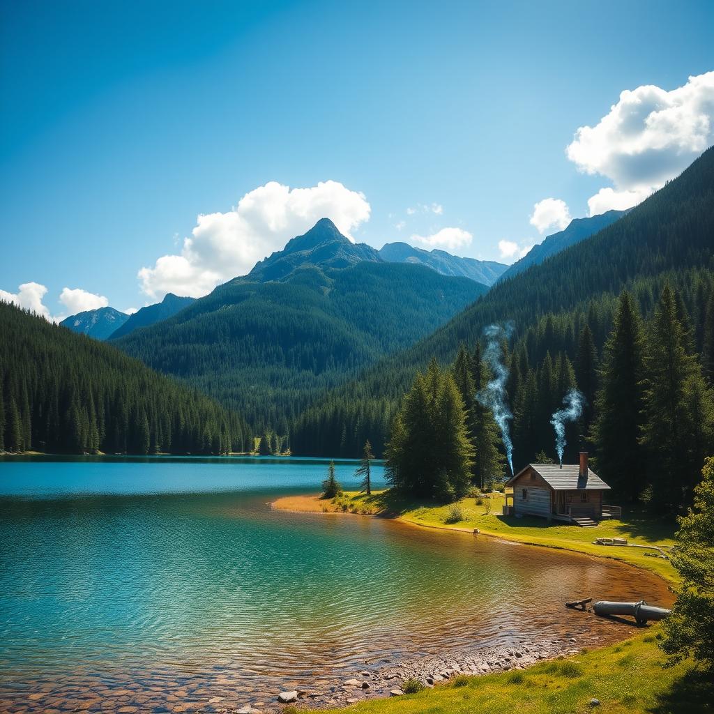 A serene landscape featuring a clear blue lake surrounded by lush green forests and majestic mountains in the background