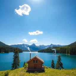 A serene landscape featuring a clear blue lake surrounded by lush green forests and majestic mountains in the background