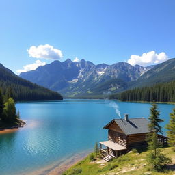 A serene landscape featuring a clear blue lake surrounded by lush green forests and majestic mountains in the background