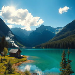 A serene landscape featuring a clear blue lake surrounded by lush green forests and majestic mountains in the background