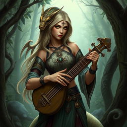 A female bard with snake-like features, light brown skin, and green eyes