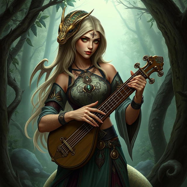 A female bard with snake-like features, light brown skin, and green eyes