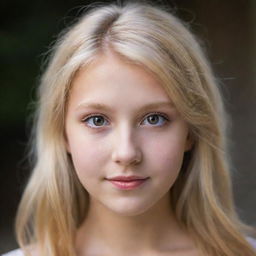 A portrait of a beautiful, blonde-haired girl with sparkling brown eyes.