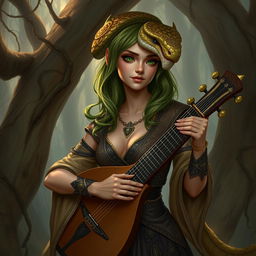 A female bard with snake-like features, light brown skin, and green eyes