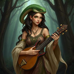 A female bard with snake-like features, light brown skin, and green eyes