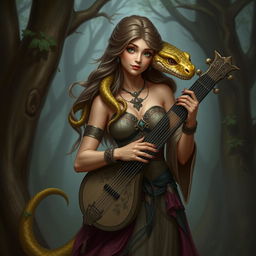 A female bard with snake-like features, light brown skin, and green eyes