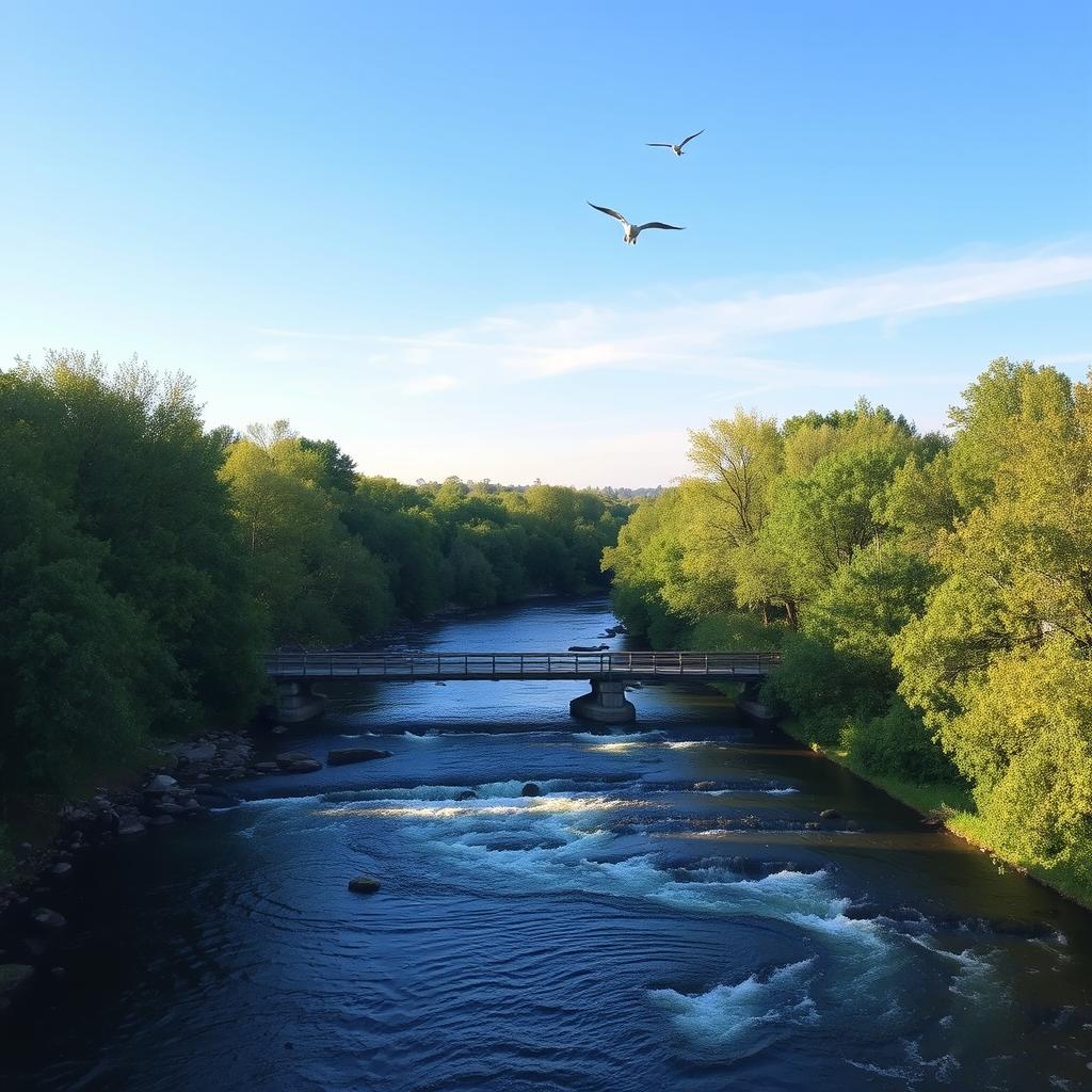 A serene landscape featuring a clear blue sky, a flowing river, and lush green trees