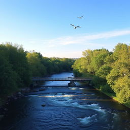 A serene landscape featuring a clear blue sky, a flowing river, and lush green trees