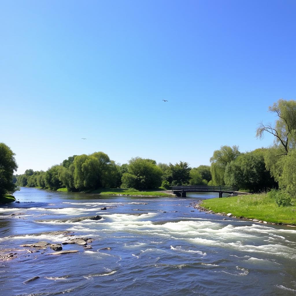 A serene landscape featuring a clear blue sky, a flowing river, and lush green trees