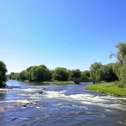 A serene landscape featuring a clear blue sky, a flowing river, and lush green trees