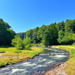 A serene landscape featuring a clear blue sky, a flowing river, and lush green trees