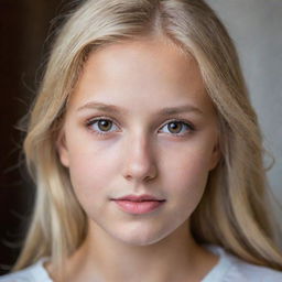 A portrait of a beautiful, blonde-haired girl with sparkling brown eyes.