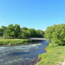 A serene landscape featuring a clear blue sky, a flowing river, and lush green trees