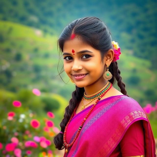 A beautiful Indian girl with traditional attire, adorned with colorful jewelry and a bindi on her forehead, standing in a picturesque landscape with lush greenery and vibrant flowers