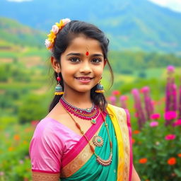 A beautiful Indian girl with traditional attire, adorned with colorful jewelry and a bindi on her forehead, standing in a picturesque landscape with lush greenery and vibrant flowers