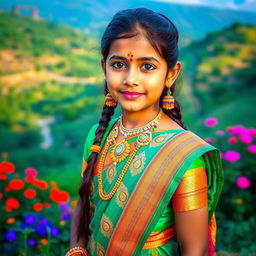 A beautiful Indian girl with traditional attire, adorned with colorful jewelry and a bindi on her forehead, standing in a picturesque landscape with lush greenery and vibrant flowers